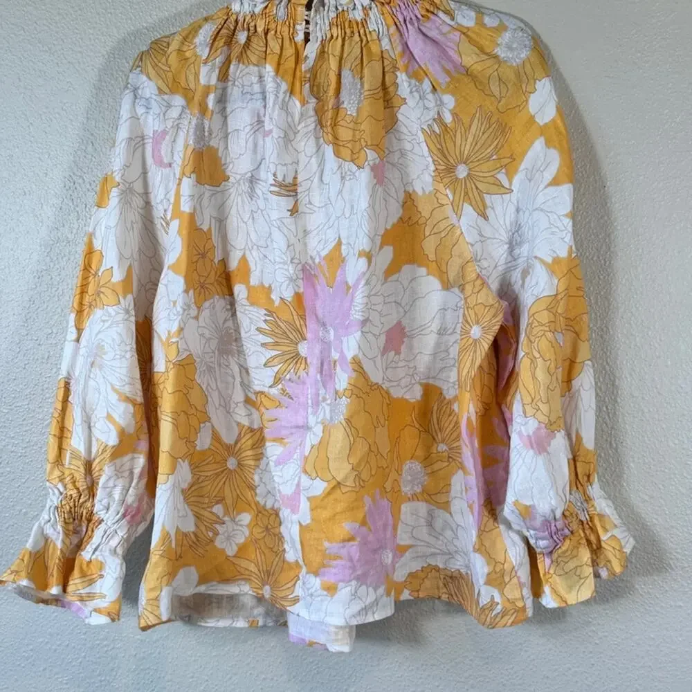 Ephemera Yellow Pink Floral Linen Ruffled Blouse Womens 6 Boho Peasant Natural - Picture 4 of 12